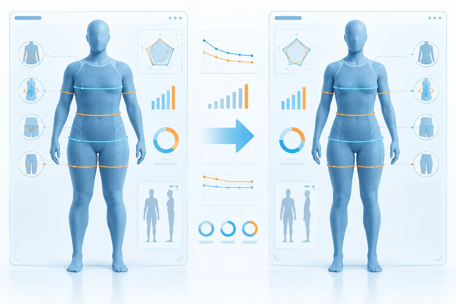 Illustrated 3D body scan comparison showing measurement and progress indicators