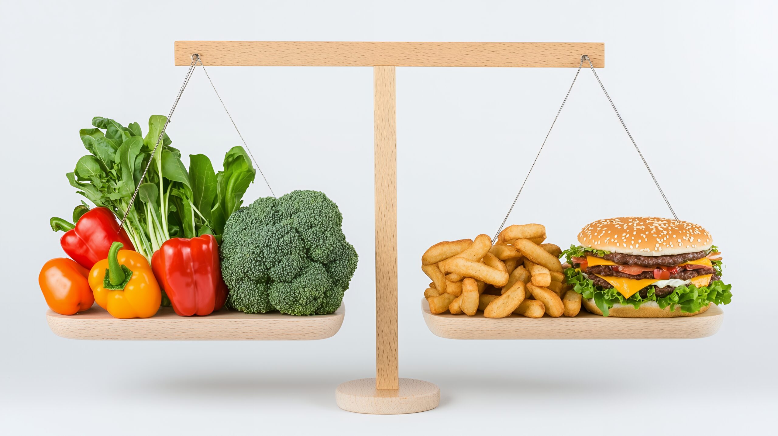 Healthy vs. Unhealthy food on a balance scale.