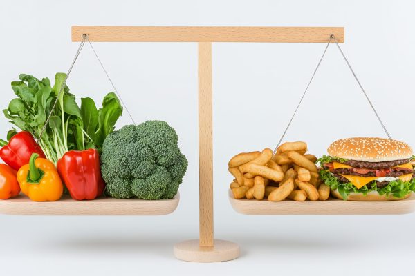 Healthy vs. Unhealthy food on a balance scale.